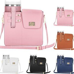 Waterproof Faux Leather Crossbody Bag with Cup Holder and Organizer